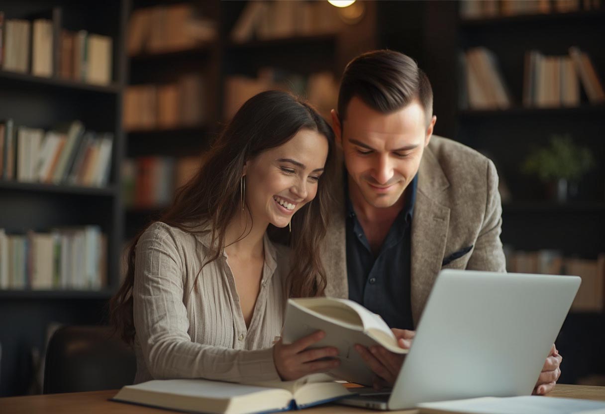 Sugar daddy para apoio financeiro para estudos - Um homem ajuda uma mulher a estudar no computador - Contrato sugar